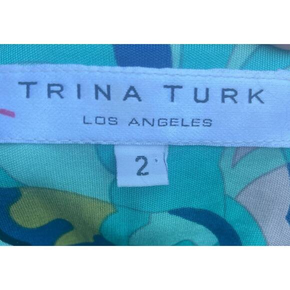 TRINA TURK Silk Blue/Green Printed Sheath V-Neck Tunic Dress -Size 2 - Picture 3 of 15